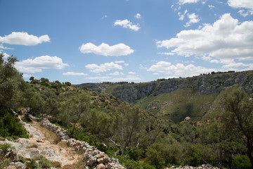 Fototapeta na wymiar Sentiero, paesaggio, sulla sponda sinistra verso i laghetti, Riserva Naturale Orientata Cavagrande del Cassibile 