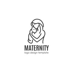 Maternity concept - happy woman with newborn. Vector logo design template in linear style