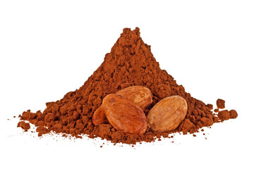 Cacao beans and powder isolated on white background