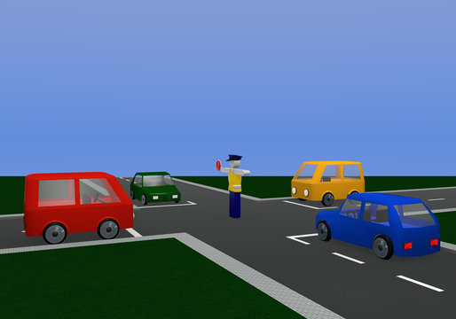 Verkehrsregelung durch einen Polizisten: freie Fahrt mit Kreuzung und bunten Autos.