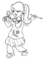 Vector cartoon girl - creative girl - painter, photographer - contour