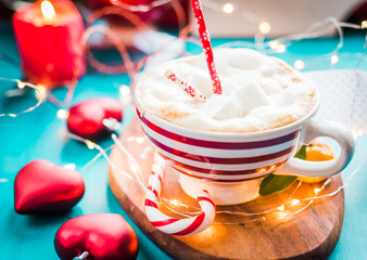 CHRISTMAS COCOA in a red striped cup Christmas mood, new year, holidays, christmas,