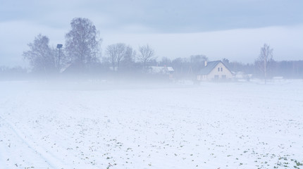 Obraz premium First snow in countryside. Fields covered in fog, icy roads and snow covered trees.