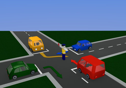 Verkehrsregelung durch einen Polizisten mit Richtungspfeilen: freie Fahrt mit Kreuzung und bunten Autos.