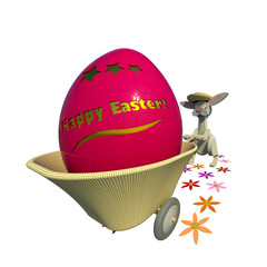 Happy cute Easter bunny drives basket wheelbarrow with Easter egg inside isolated on white 3D illustration. Collection.
