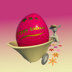 Cute Easter bunny with straw hat pushes basket wheelbarrow with Easter egg inside 3D illustration. Colorful gradient background and seasonal spring flowers. Collection.