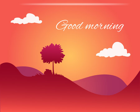 Vector warm gradient landscape with flat hills for card, website, background - Good morning