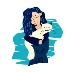 Young girl with blue hair hugging a happy white cat, isolated vector illustration