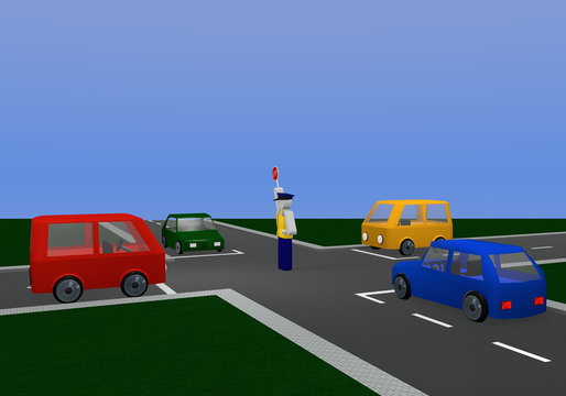 Verkehrsregelung durch einen Polizisten: für gelbe Ampelphase mit Kreuzung und bunten Autos.