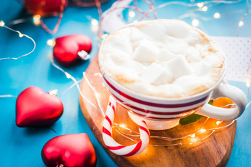 Christmas coffee with marshmallow in a red striped cup Christmas mood, new year, holidays, christmas,