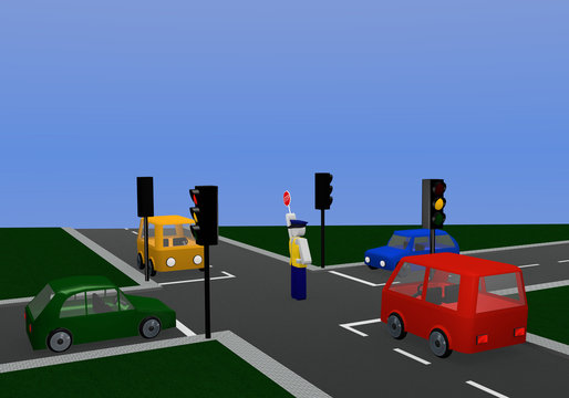 Verkehrsregelung durch einen Polizisten mit gleichfarbiger Ampel: für gelbe Ampelphase mit Kreuzung und bunten Autos.