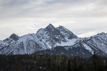 Зима в горах, красивый вид на снежные склоны и вершины, живописное ущелье. Дикая природа Северного Кавказа