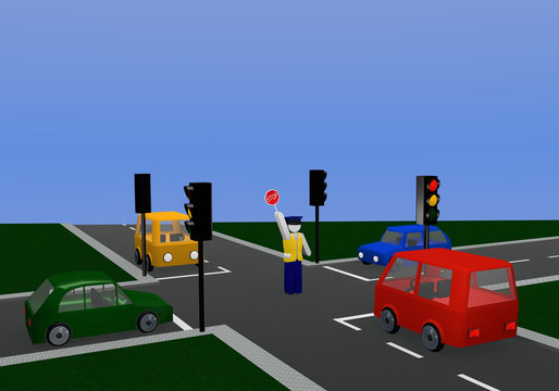 Verkehrsregelung durch einen Polizisten mit gleichfarbiger Ampel: für orange Ampelphase mit Kreuzung und bunten Autos.