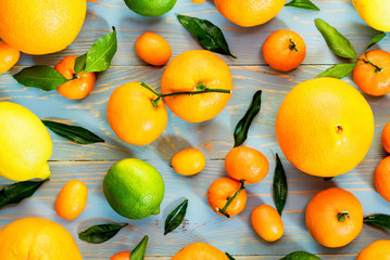Close-up of various citrus fruits. Top view