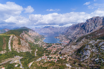Fototapeta premium Aerial view on the Bay of Kotor and the city of Kotor. Montenegro.