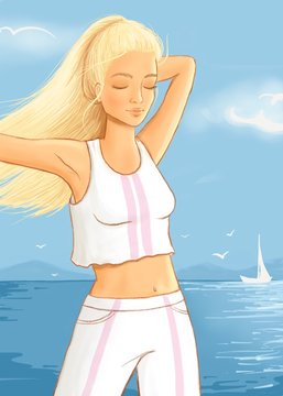 digital drawing of a beautiful blonde girl working out at the seaside