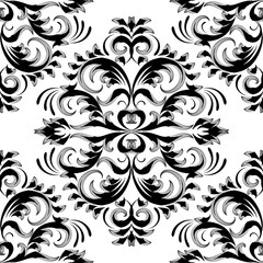 Vintage floral damask seamless pattern. Black white vector background wallpaper with hand drawn line art tracery flowers, leaves, baroque ornaments in renaissance victorian style. Isolated texture.