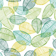Vector seamless outline leaves pattern. Green and white spring background. Scandinavian design for fashion textile print