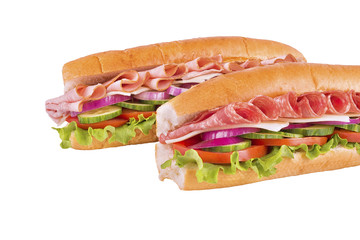 Duo of submarine sandwich isolated on white background.