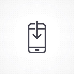 Vector smartphone with down arrow. Smartphone flat line icon. Mobile download icon in line style. Phone icon for apps and websites. Vector illustration
