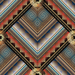 Striped tribal geometric seamless pattern. Vector greek key meanders background. Ornate wallpapers design. Bright ethnic ornaments. 3d ornamental meander frames, zigzag, circles, stripes tiled rhombus