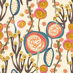 Floral seamless pattern. Hand drawn creative flowers or trees. Colorful artistic background. Abstract herb