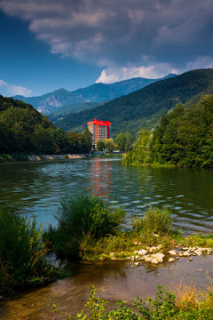 ROMANIA, circa 2017 -Wide angle view of the Calimanesti Caciulata complex in the Transylvanian countryside, Romania 