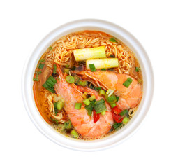 Asian noodle soup in front of white background