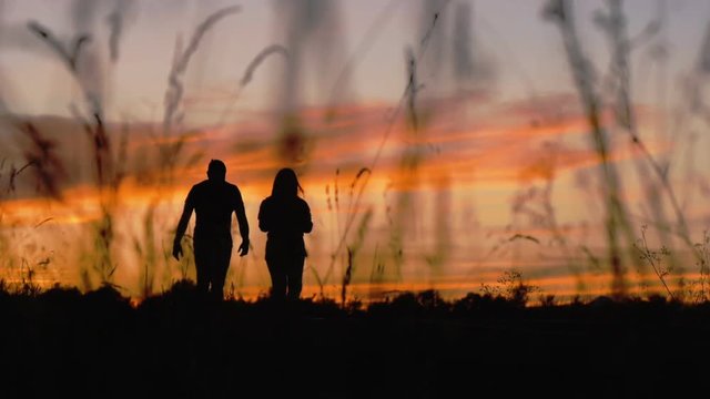 Silhouette of walking couple. Man and woman going away on a sunset sky background.