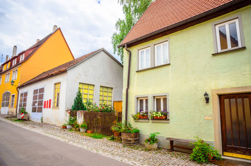 Beautiful streets in Rothenburg ob der Tauber with traditional German houses, Bavaria, Germany