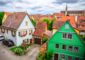 Beautiful streets in Rothenburg ob der Tauber with traditional German houses, Bavaria, Germany