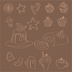 Set of hand drawn Christmas sweets, cakes and drinks