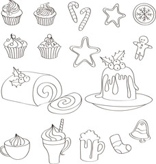 Set of hand drawn Christmas sweets, cakes and drinks