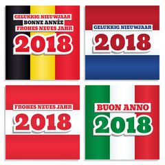 Set of vector banners. National flags of Belgium, Netherlands, Austria and Italy. Greeting text "Happy New Year 2018" in Dutch, French, German , Italian languages. Four square cards. Paper cut style.
