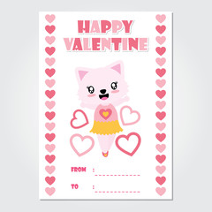 Cute cat girl is happy with heart border vector cartoon illustration for Happy Valentine card design, postcard, and wallpaper