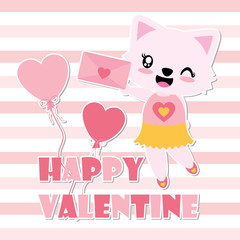 Cute cat girl gets love letter vector cartoon illustration for Happy Valentine card design, postcard, and wallpaper