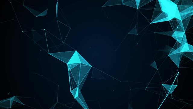 Animated abstract blue geometrical background with moving lines, triangels and dots.