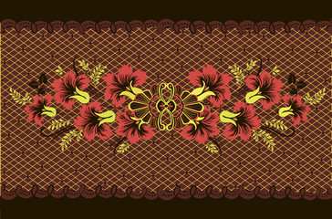 Vector floral pattern Khokhloma. A bouquet of flowers and diagonal lines. Bright patterned border