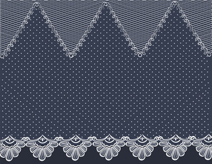 Patterned border with dots and diagonal lines. Tulle or string with ornaments
