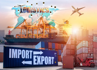 Obraz premium Industrial Container Cargo freight ship with working crane bridge for Logistic Import Export background