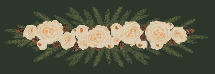 Floral element. Winter fir branch with buds of peonies, collected in one line. Christmas ornament bouquet. Vector
