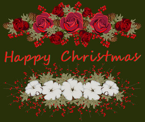 Christmas floral elements. Winter flowers holiday kit, buds, cotton, roses, berries and leaves. Decorative borders for Christmas gifts, cards, posters, wrapping paper. Vector
