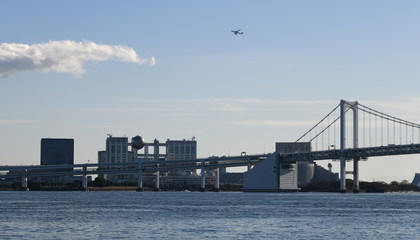 Obraz premium 日本の東京都市景観・青空と飛行機（港区台場などの街並みを望む）