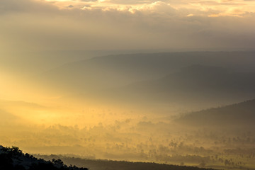 Fototapeta na wymiar Beautiful mountain landscape under mist in the morning.