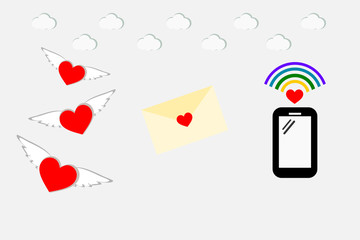 Illustration cartoon vector of the way of communication of love feeling. Heart with wing, love letter and wifi technology. Technology development and love concept.  