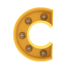 Letter C light sign yellow vintage. 3D rendering