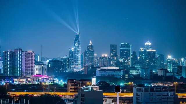 View of the business area in Bangkok at night, Bangkok is the capital of Thailand and is a popular tourist destination. Time lapse 