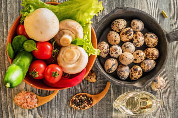 Vegetables, eggs and mushrooms. Rustic food