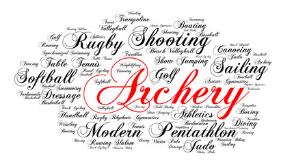 Archery. Word cloud , elegant cursive font, white background. Summer sports.