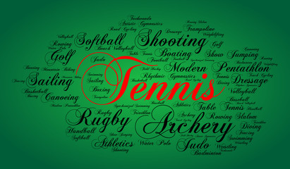 Tennis. Word cloud , elegant cursive font, green gradient background. Summer sports.